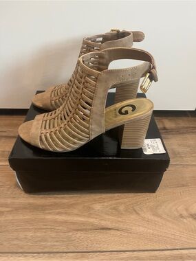 G by Guess Taupe Caged Block Heel Sandals | Size 8 | NWOT